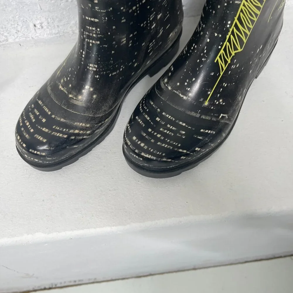 Capelli New York City 6 Black & Yellow Rubber Skyscraper Mid-Calf Rain Boots